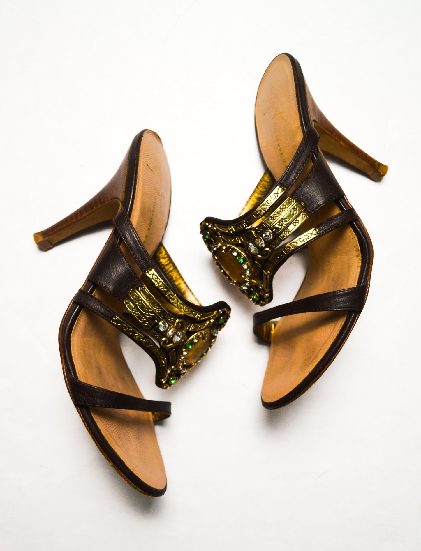 Giuseppe Zanotti Jeweled Brown Embellished Heels With Gold And Green Rhinestones