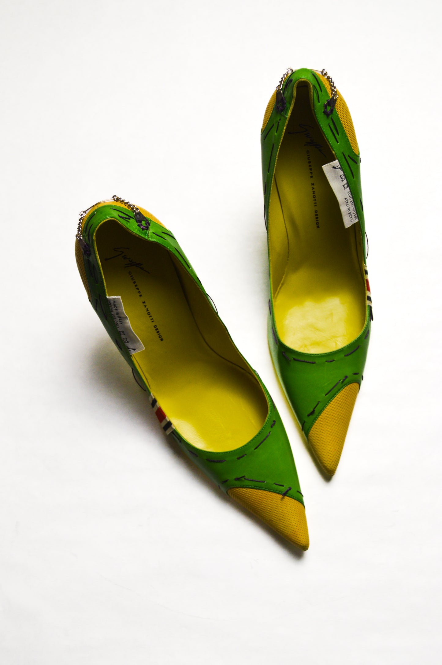 Giuseppe Zanotti Green and Yellow Metal Tagged Heels