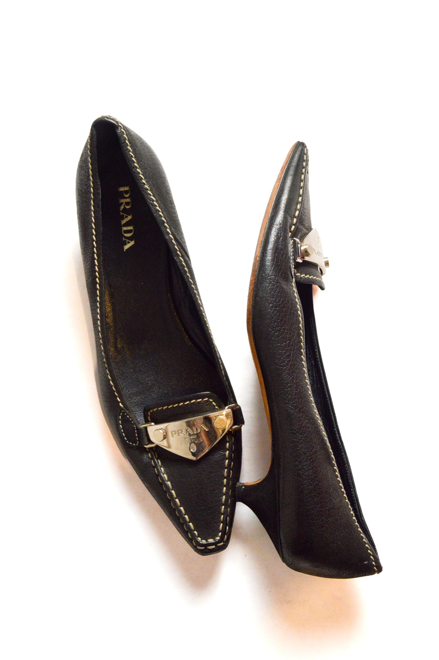 Black Prada Leather Flats With Silvertone Logo