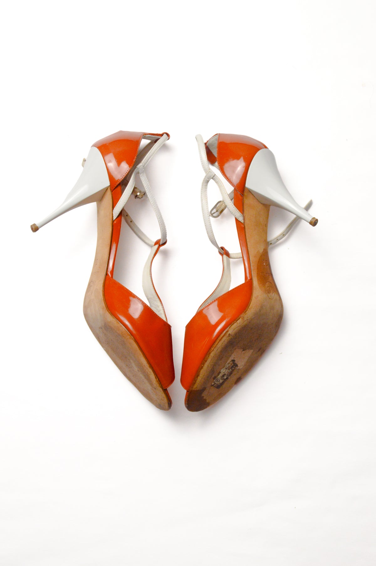 Rare Chanel Red Orange CC Peep Toe T-Strap Slingback Heels