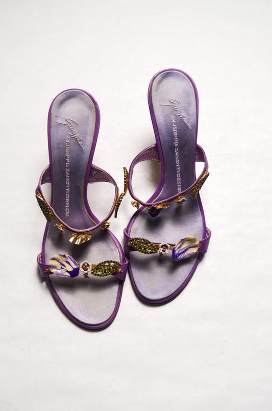 Giuseppe Zanotti Italian Vintage Floral Purple Sandal Heels