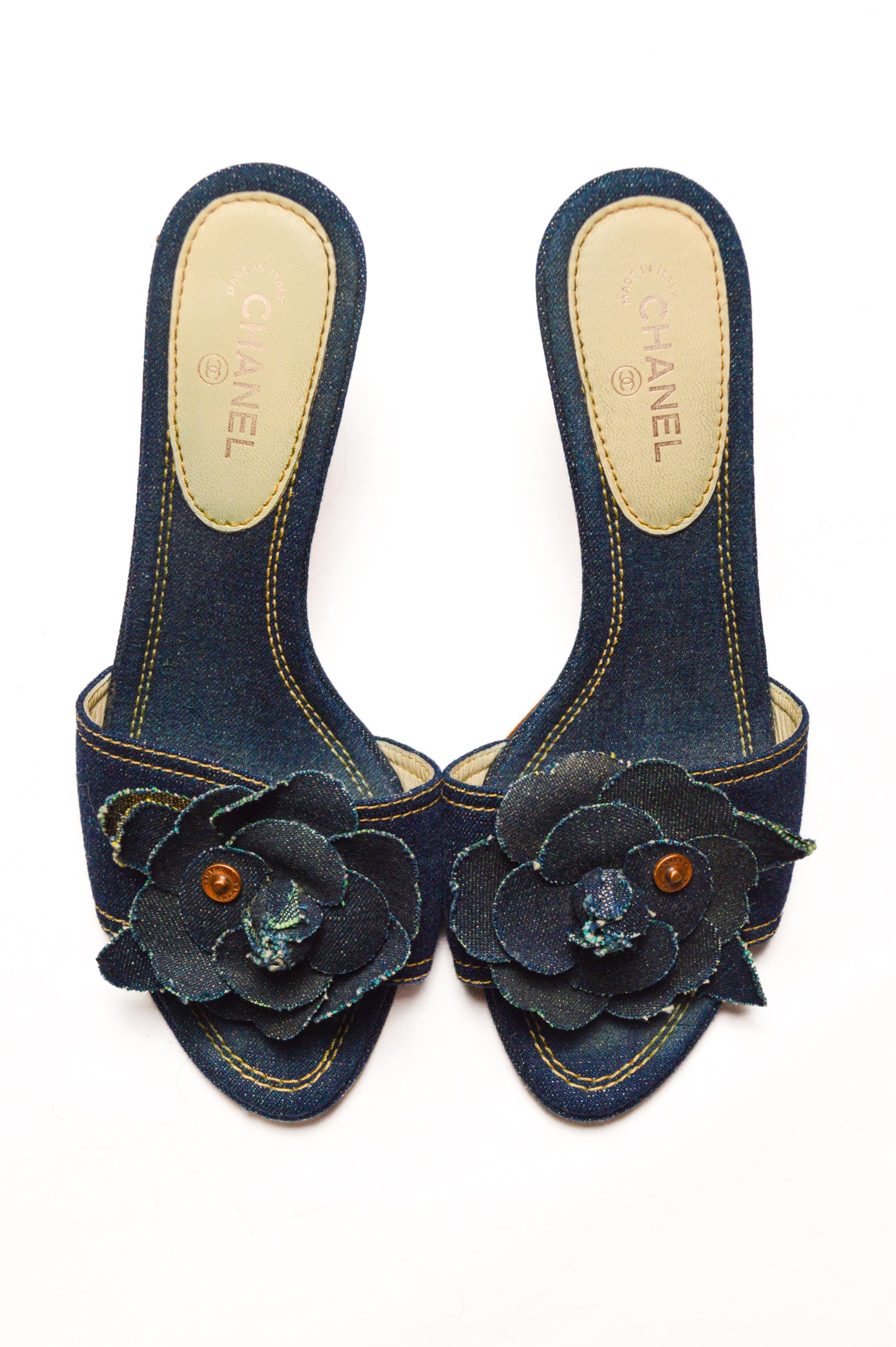 Denim Chanel Camellia Kitten Mules SS’ 00