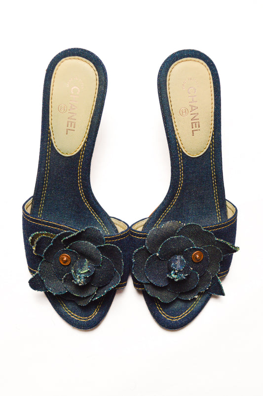 Denim Chanel Camellia Kitten Mules SS’ 00