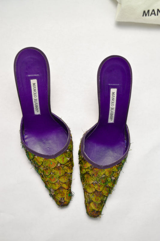 Manolo Blahnik Rare Peacock Feather Mule, AW’ 97