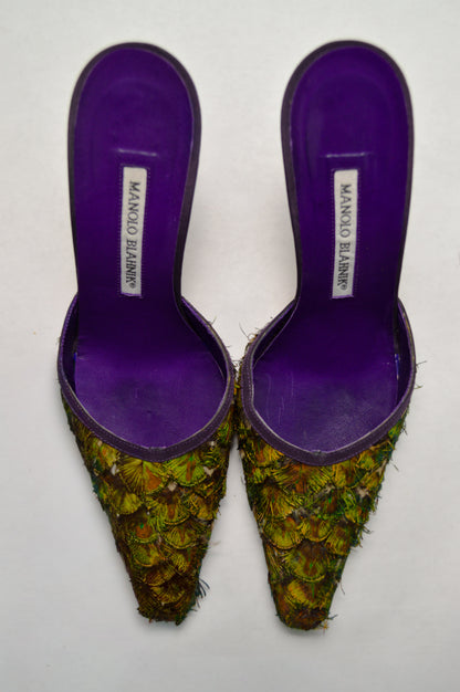 Manolo Blahnik Rare Peacock Feather Mule, AW’ 97