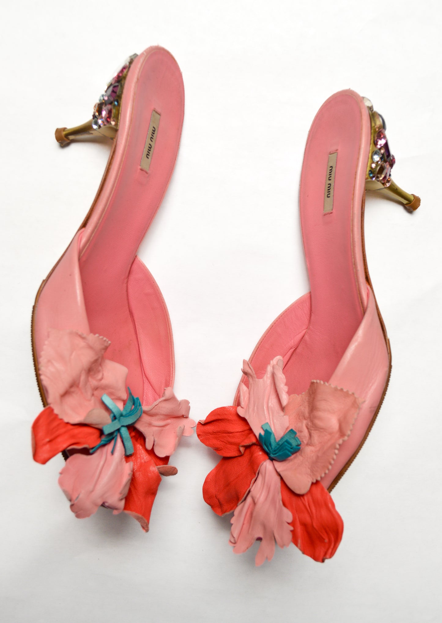 Miu Miu Crystal Embellished Pink Heels With Flower Appliqués