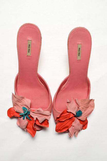 Miu Miu Crystal Embellished Pink Heels With Flower Appliqués