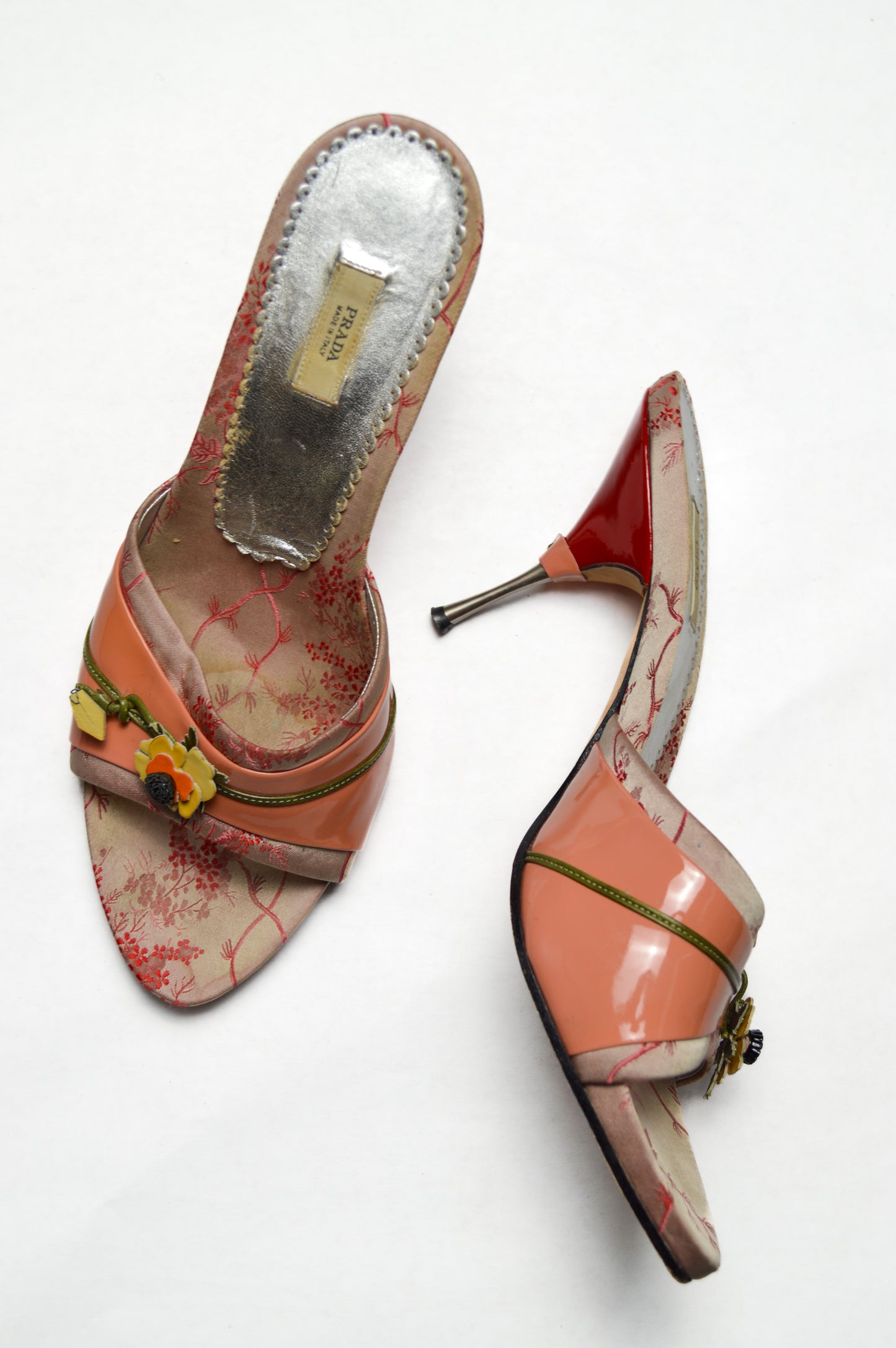 Dusty Pink Prada Slide With Floral Accents And Patent Leather