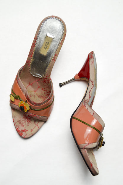 Dusty Pink Prada Slide With Floral Accents And Patent Leather