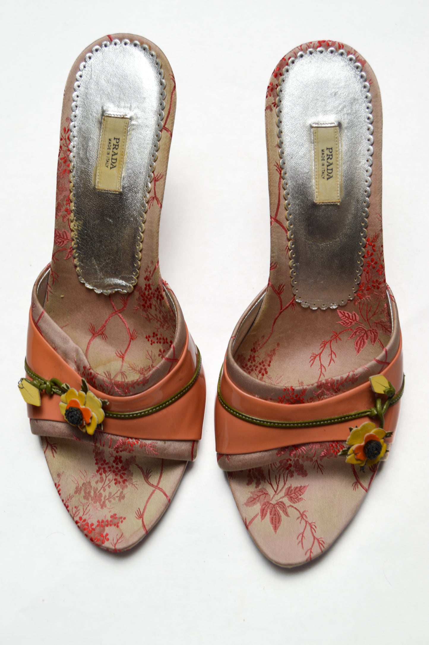 Dusty Pink Prada Slide With Floral Accents And Patent Leather