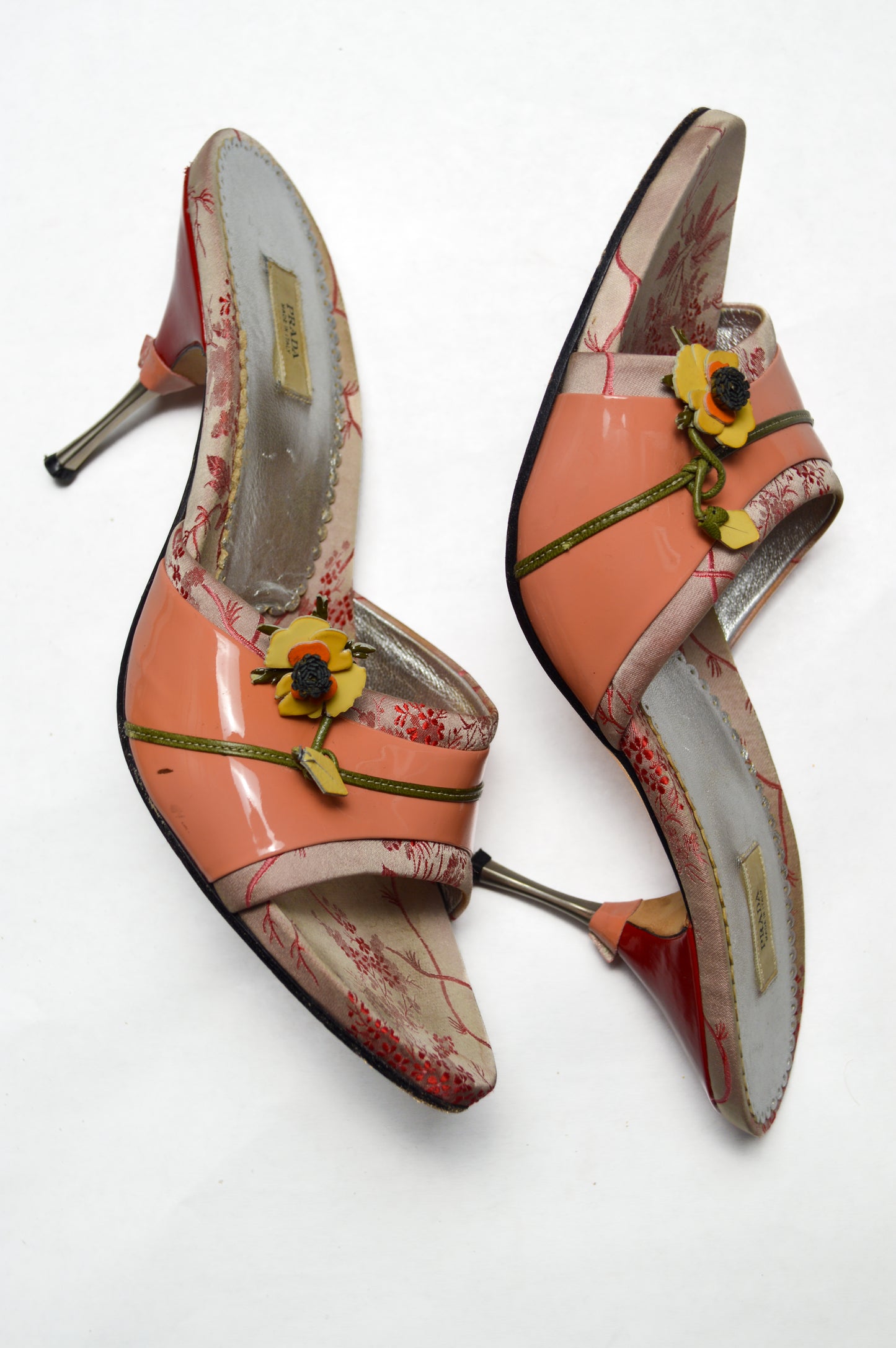 Dusty Pink Prada Slide With Floral Accents And Patent Leather