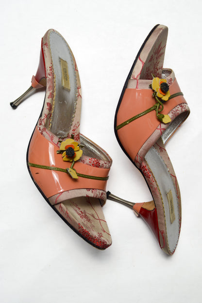 Dusty Pink Prada Slide With Floral Accents And Patent Leather