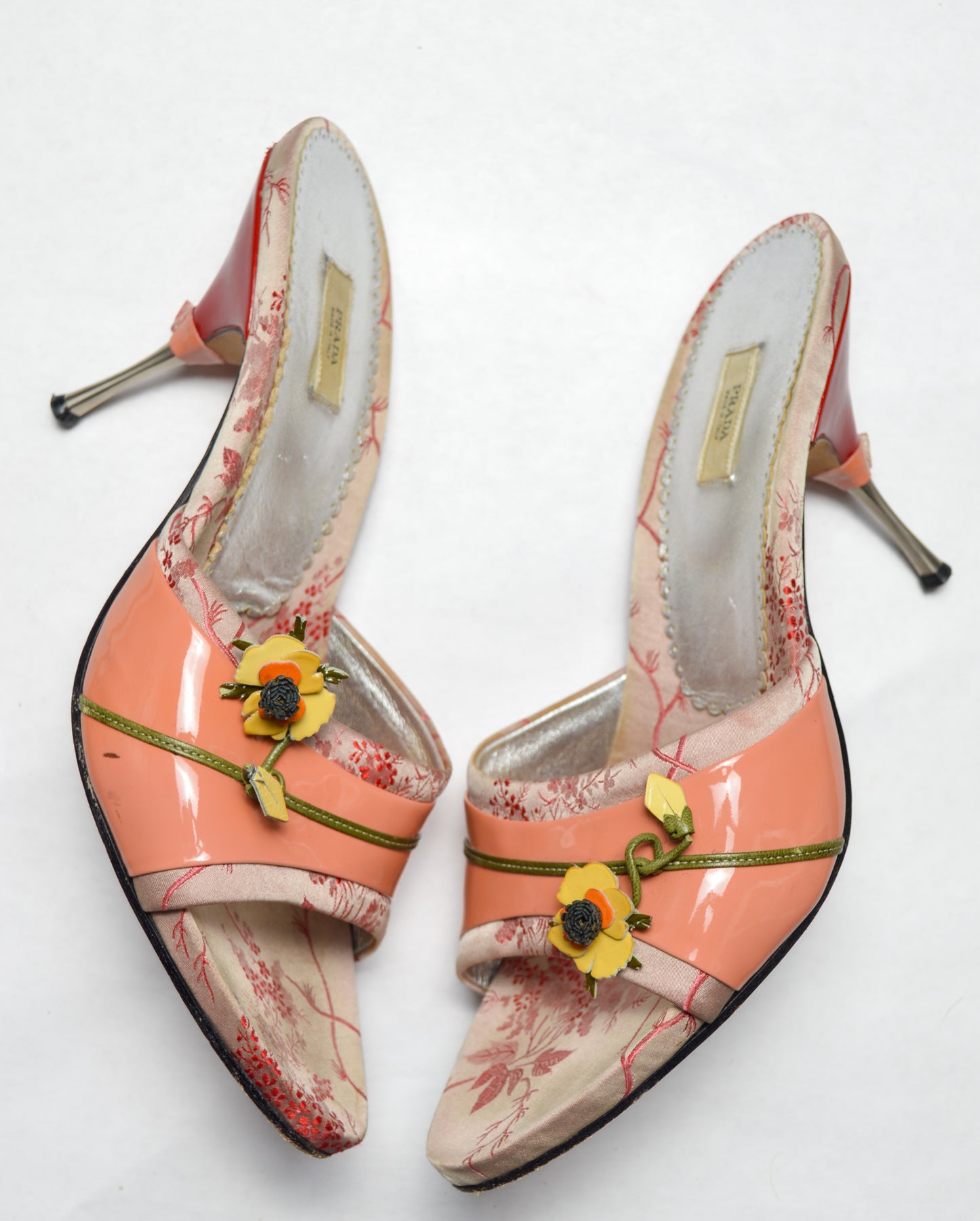 Dusty Pink Prada Slide With Floral Accents And Patent Leather