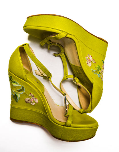 Chartreuse Christian Dior Leather Wedges With Flower Embroidery