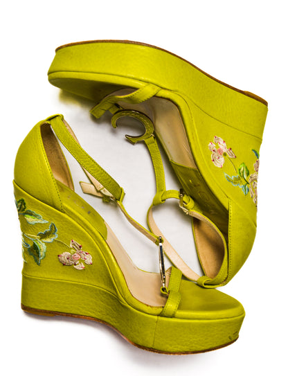 Chartreuse Christian Dior Leather Wedges With Flower Embroidery