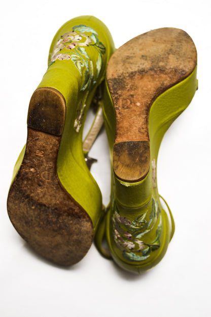 Chartreuse Christian Dior Leather Wedges With Flower Embroidery