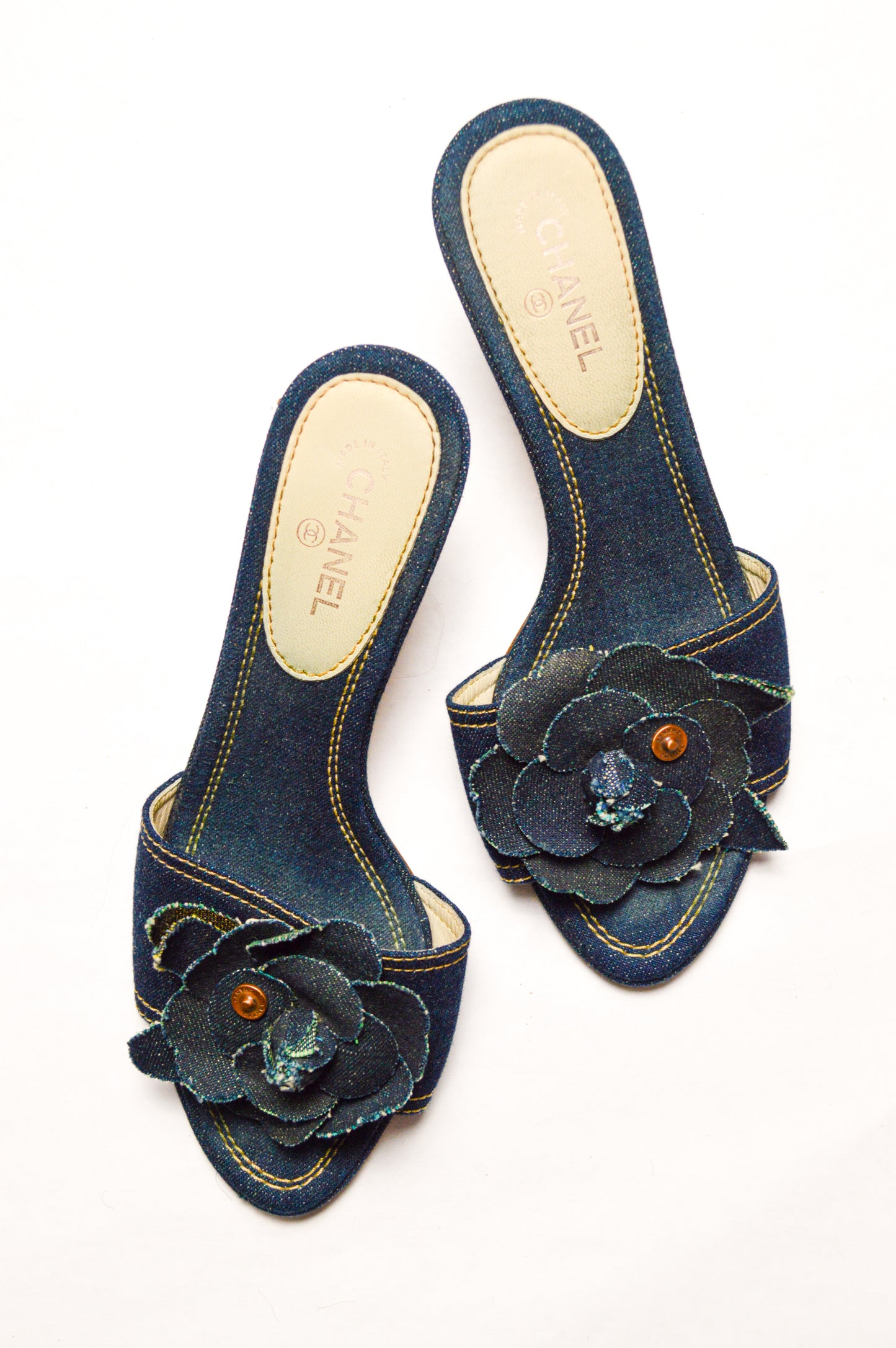 Denim Chanel Camellia Kitten Mules SS’ 00