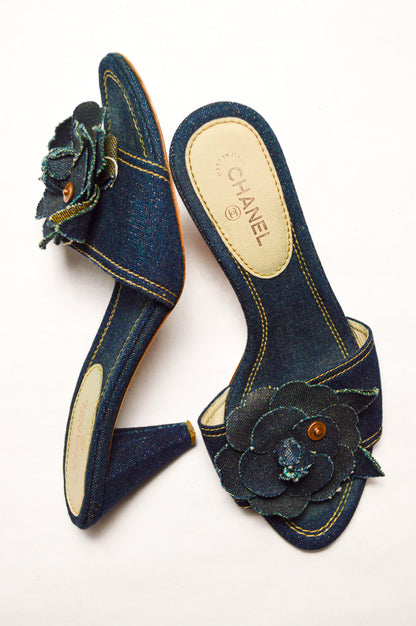 Denim Chanel Camellia Kitten Mules SS’ 00