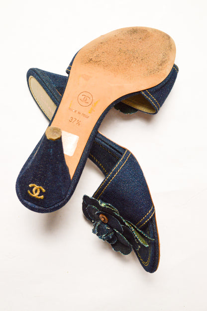 Denim Chanel Camellia Kitten Mules SS’ 00