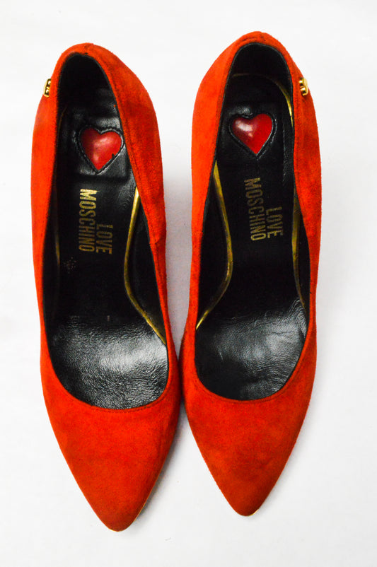 Red Moschino Love Pumps with Gold Studded Hearts