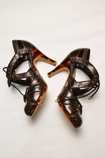 Christian Dior Brown and Gold Heels With Leopard Print S/S 2005