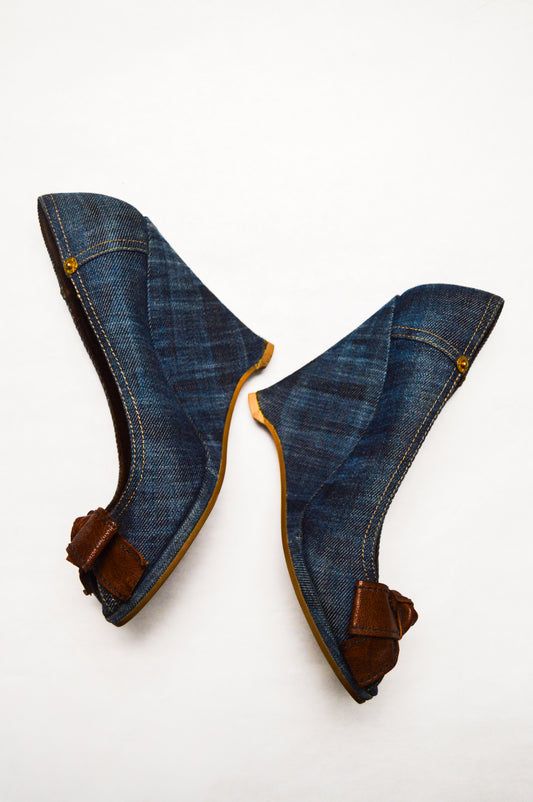 Miu Miu Denim Wedges With Chocolate Brown Bows S/S 2002