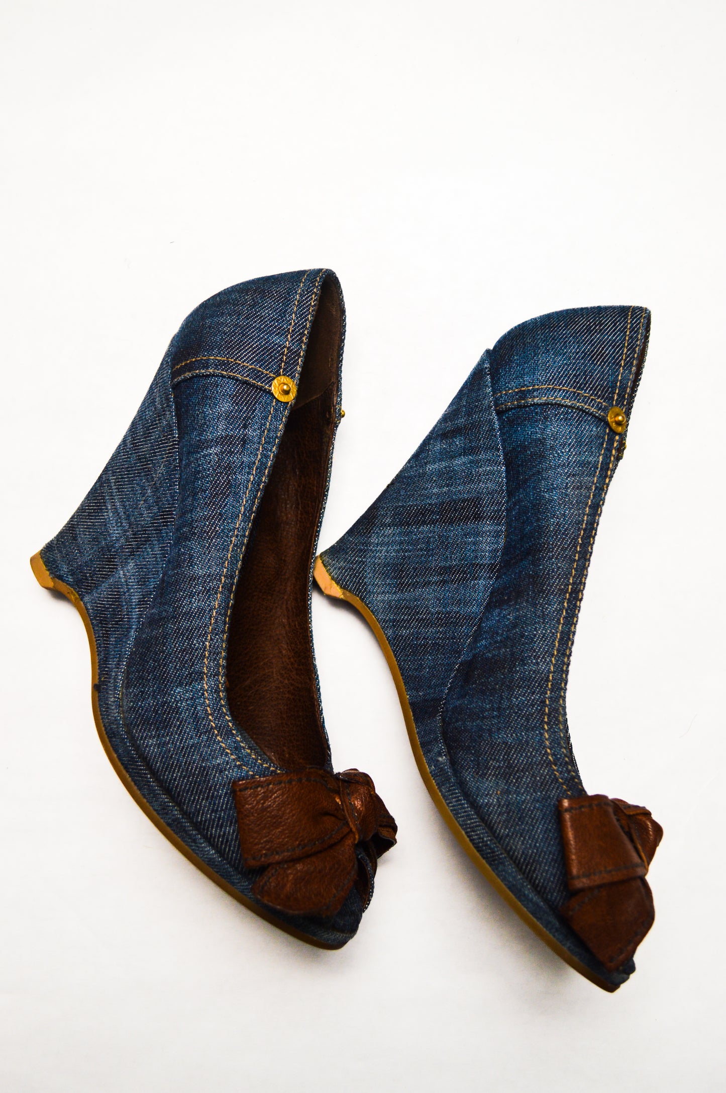 Miu Miu Denim Wedges With Chocolate Brown Bows S/S 2002