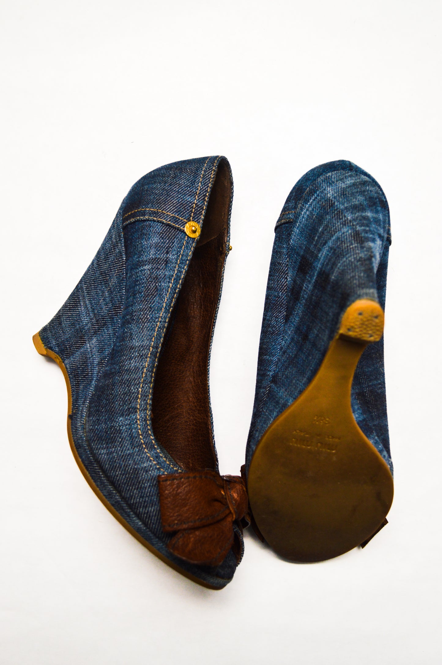 Miu Miu Denim Wedges With Chocolate Brown Bows S/S 2002