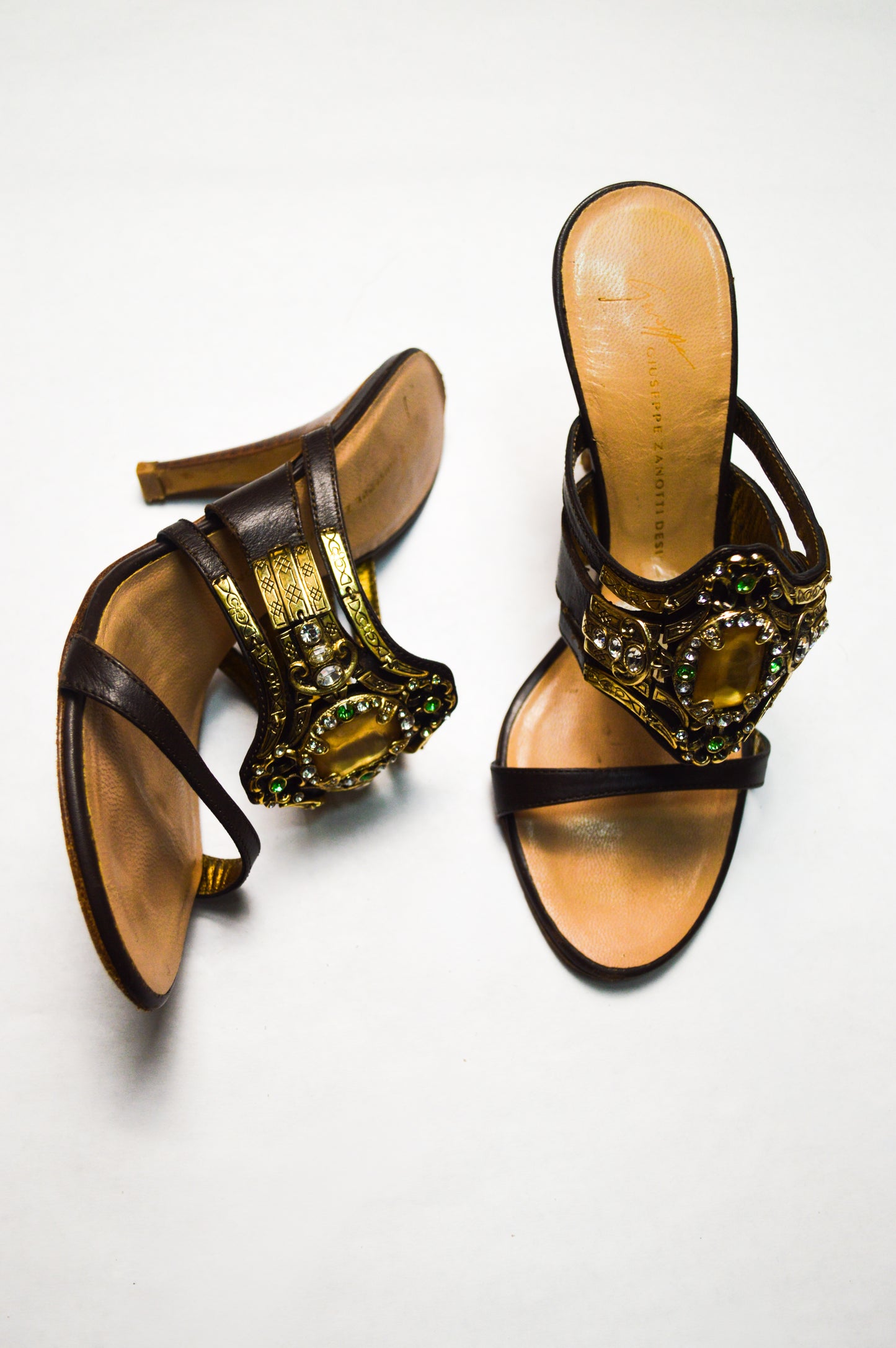 Giuseppe Zanotti Jeweled Brown Embellished Heels With Gold And Green Rhinestones