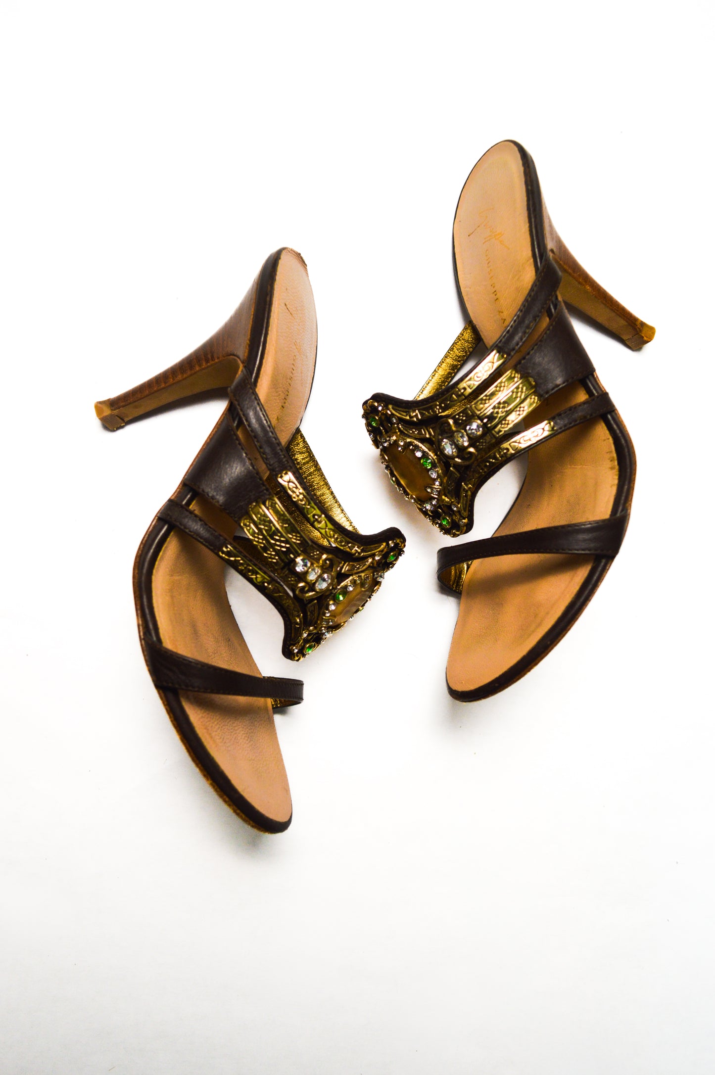 Giuseppe Zanotti Jeweled Brown Embellished Heels With Gold And Green Rhinestones