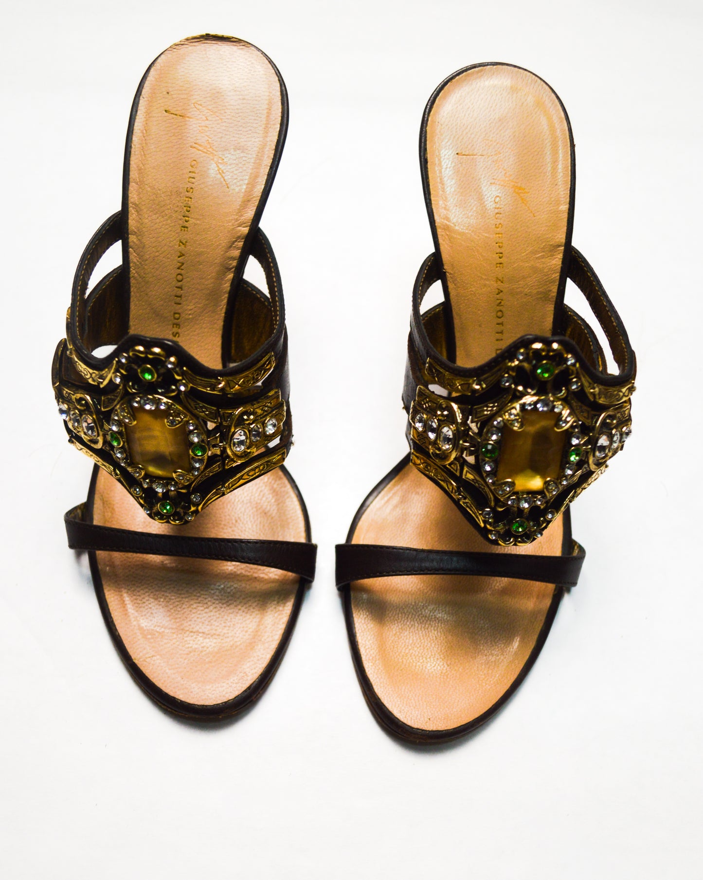 Giuseppe Zanotti Jeweled Brown Embellished Heels With Gold And Green Rhinestones