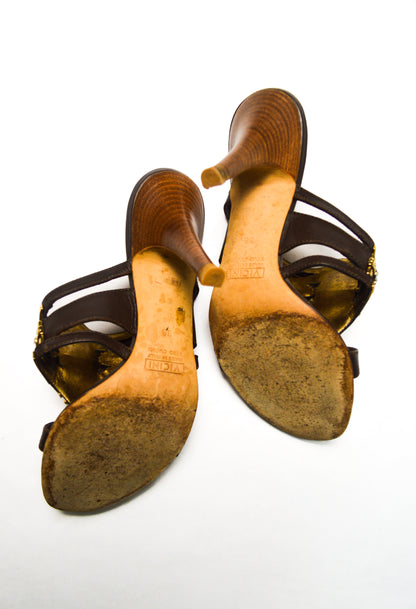 Giuseppe Zanotti Jeweled Brown Embellished Heels With Gold And Green Rhinestones