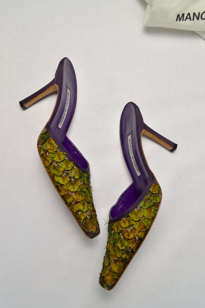 Manolo Blahnik Rare Peacock Feather Mule, AW’ 97