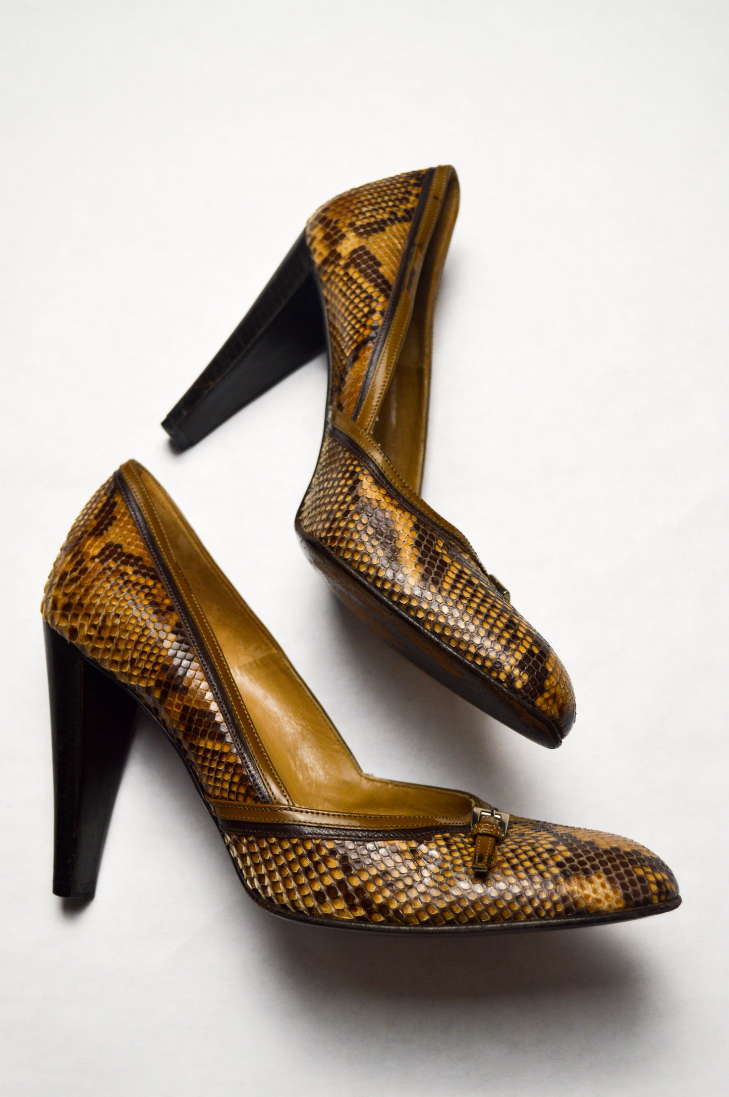 Prada Snakeskin Leather Stiletto High Heels With Decorative Buckle