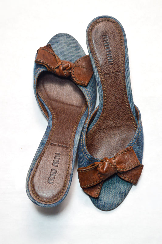 Miu Miu Denim Mule With Contrasting Chocolate Brown Bow S/S 2002