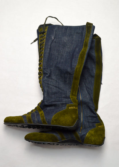 Dolce and Gabbama Denim And Suede Lace Up Boots
