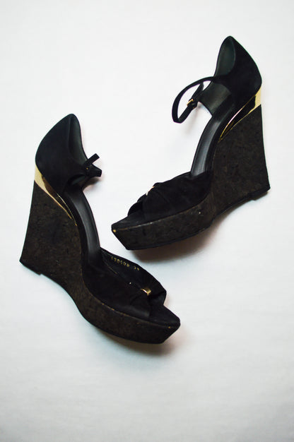 Gucci Cork Wedge Black Suede Heels