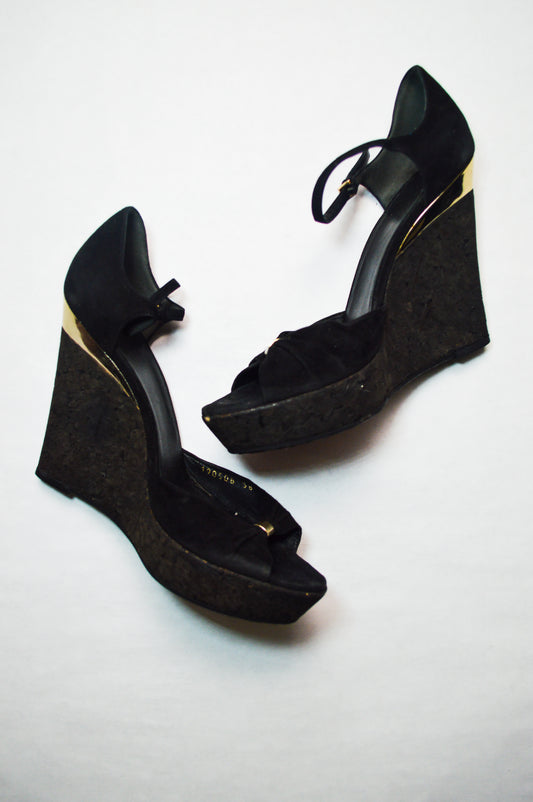 Gucci Cork Wedge Black Suede Heels