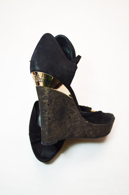 Gucci Cork Wedge Black Suede Heels