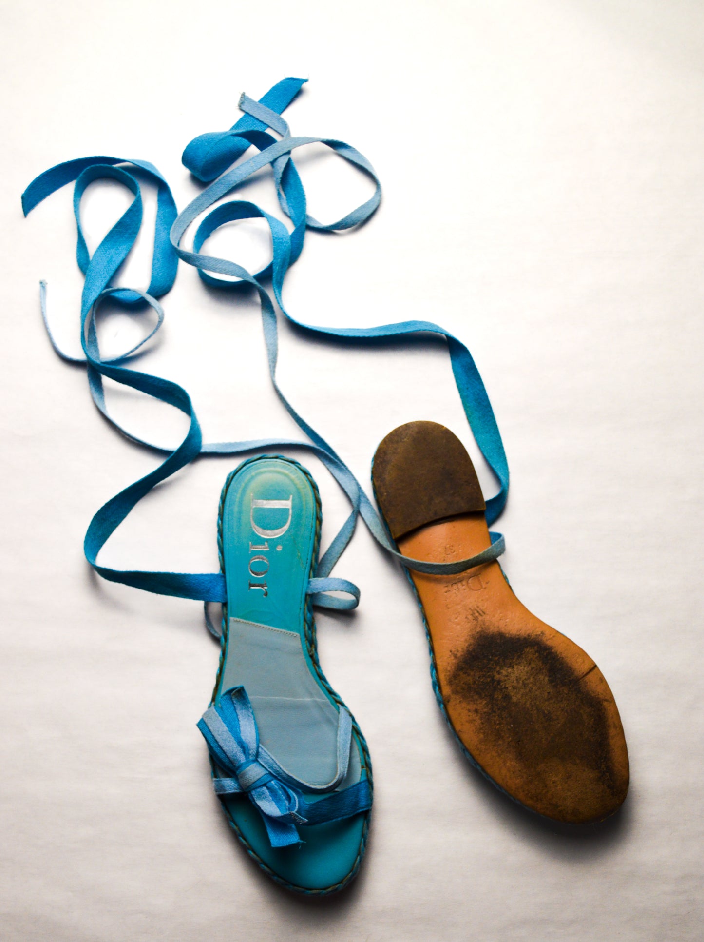 Christian Dior 2000's Blue Bow Ankle Wrap Woven Flats