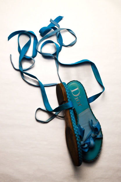 Christian Dior 2000's Blue Bow Ankle Wrap Woven Flats