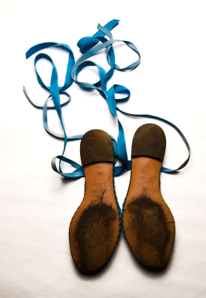 Christian Dior 2000's Blue Bow Ankle Wrap Woven Flats