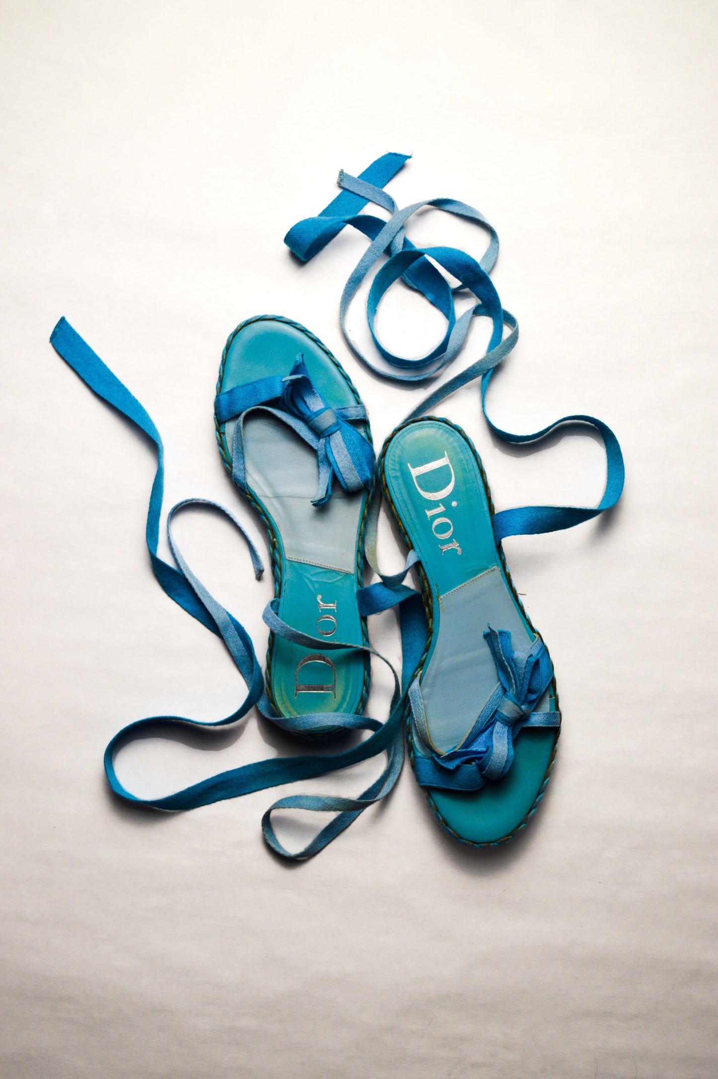 Christian Dior 2000's Blue Bow Ankle Wrap Woven Flats