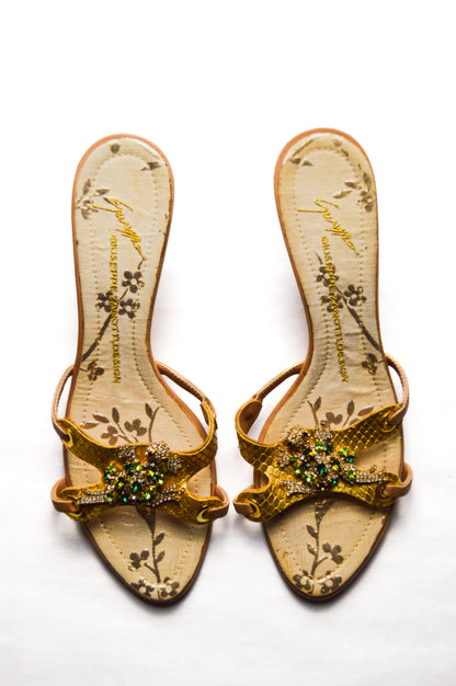 Giuseppe Zanotti Gold Bejeweled Turtle Mule Heels