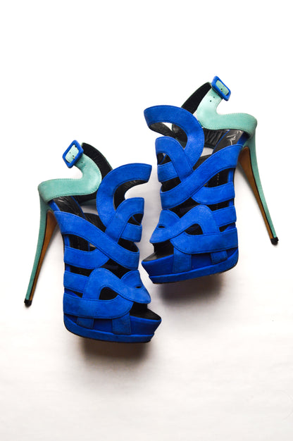 Blue and Turquoise Giuseppe Zanotti Suede Cutout Caged Slingback Stilettos