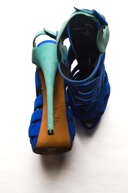 Blue and Turquoise Giuseppe Zanotti Suede Cutout Caged Slingback Stilettos