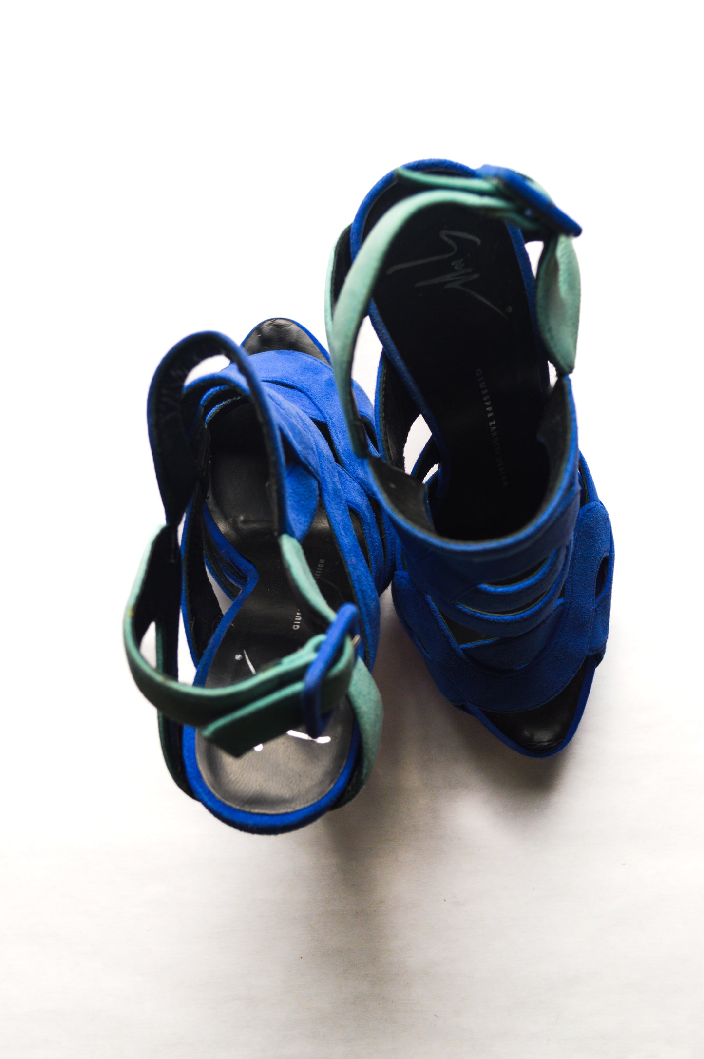 Blue and Turquoise Giuseppe Zanotti Suede Cutout Caged Slingback Stilettos