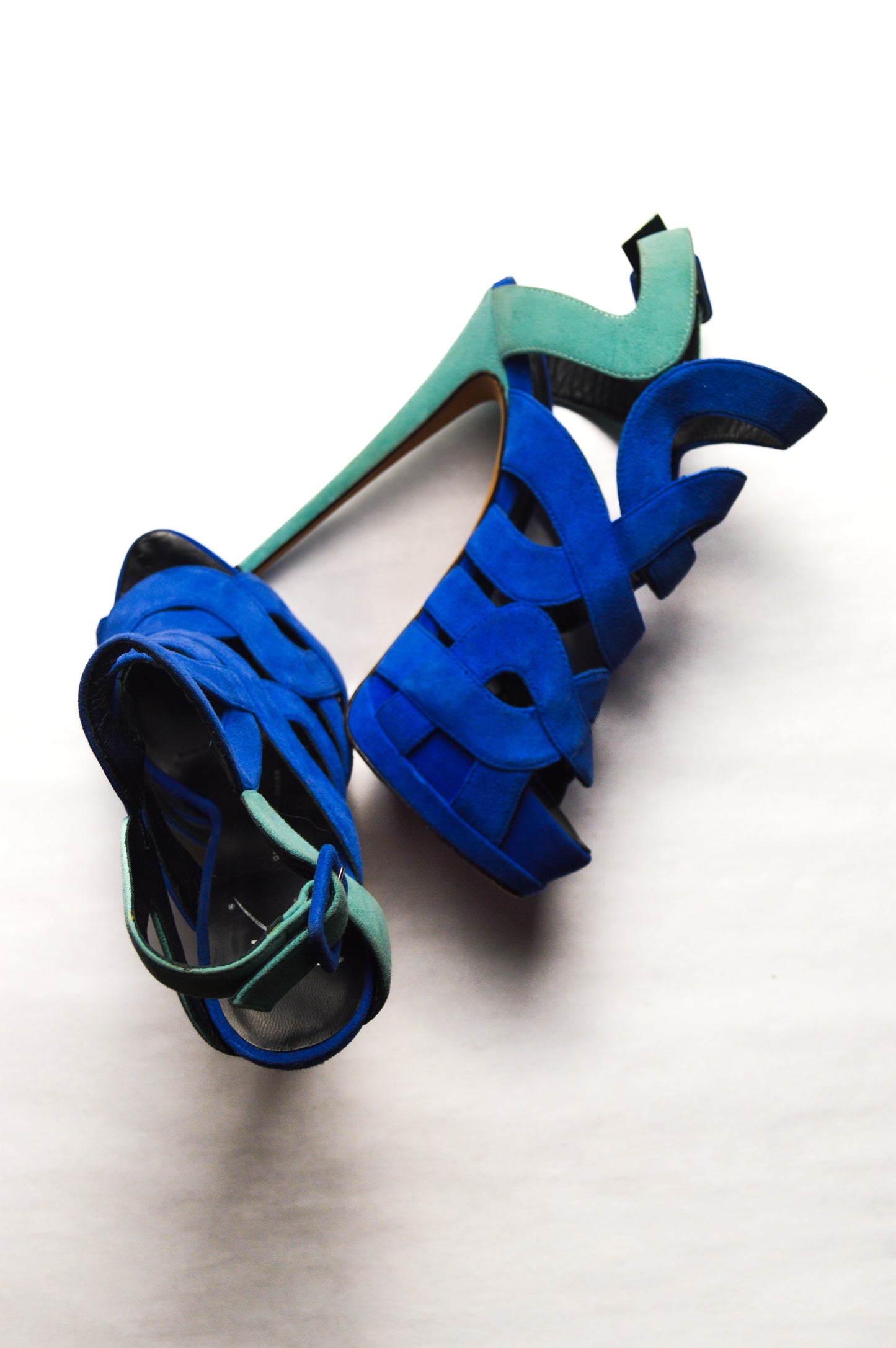 Blue and Turquoise Giuseppe Zanotti Suede Cutout Caged Slingback Stilettos