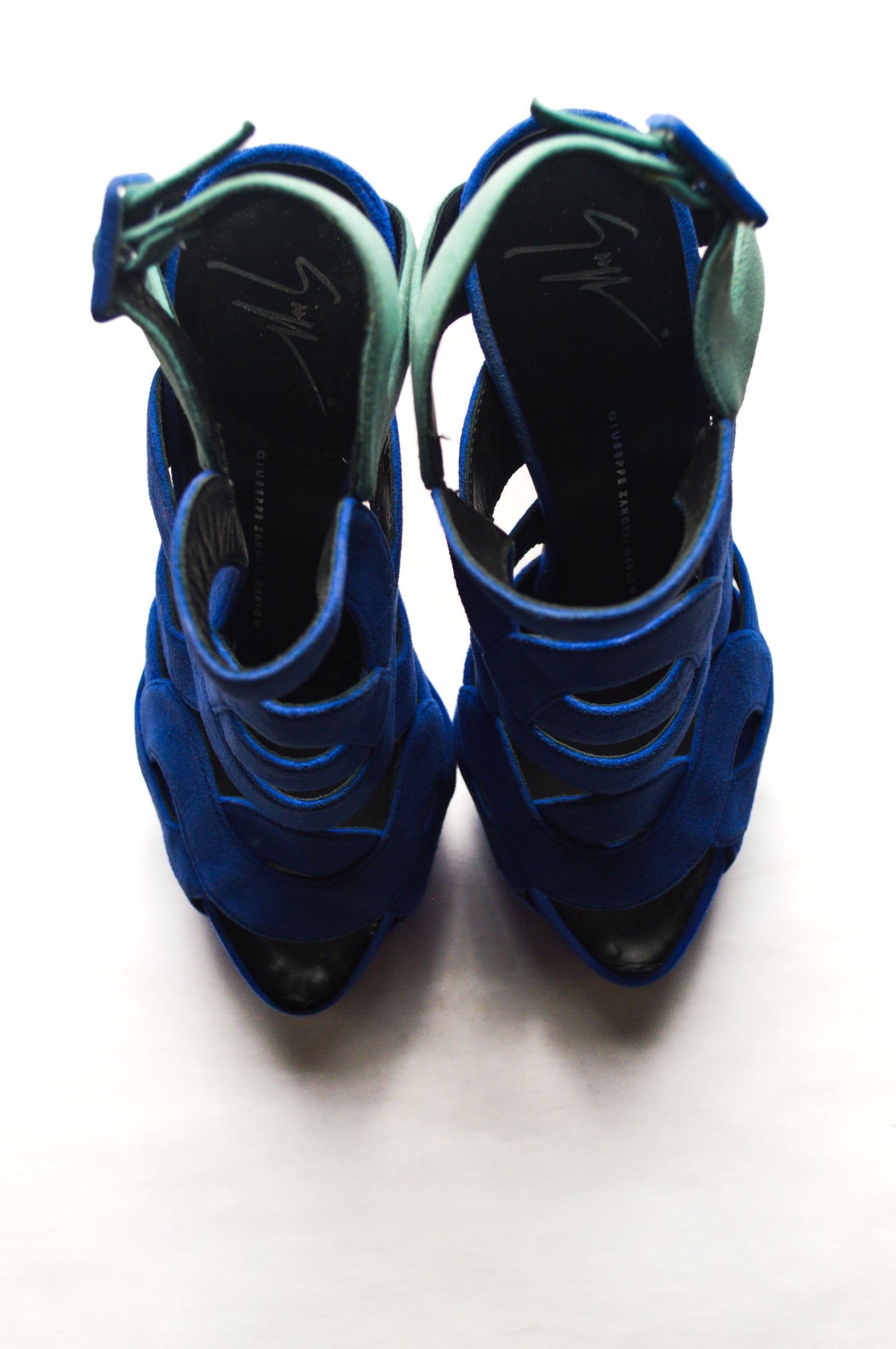 Blue and Turquoise Giuseppe Zanotti Suede Cutout Caged Slingback Stilettos