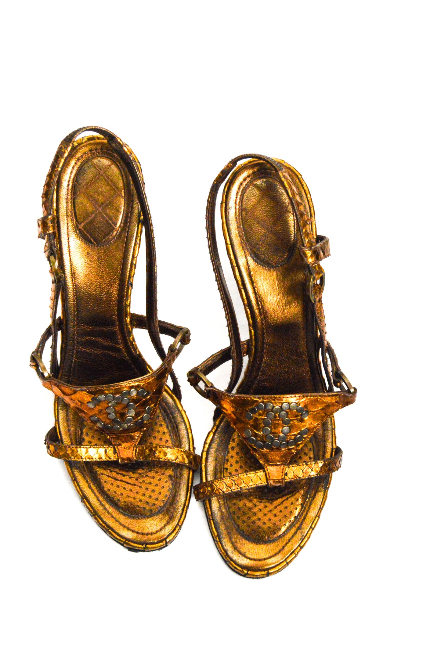 Chanel Copper Python Heels Featuring A Slingback Style And Studded CC